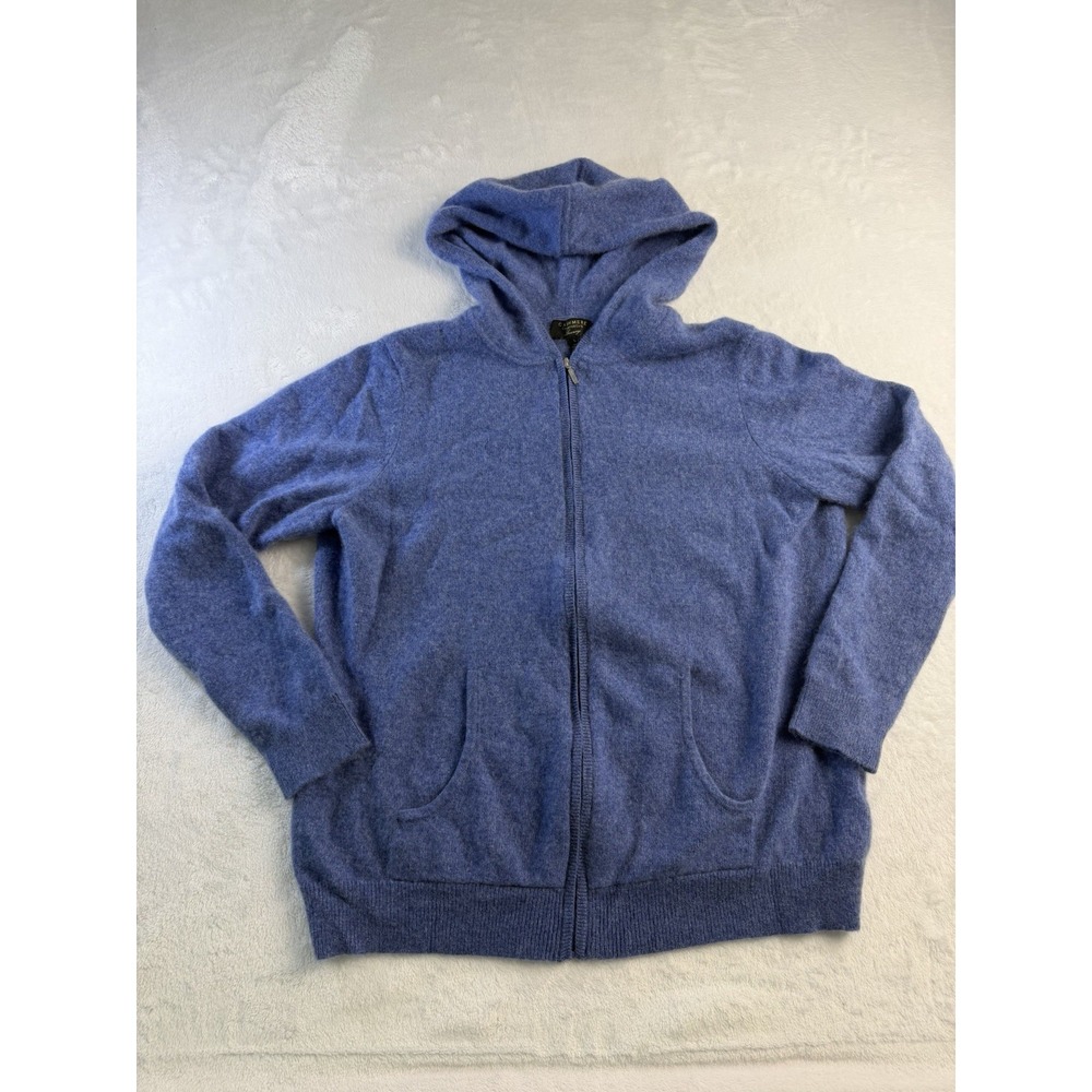 Cashmere Charter Club Luxury Cashmere Full Zip Hooded Hoodie Blue Women L New - Picture 2 of 8